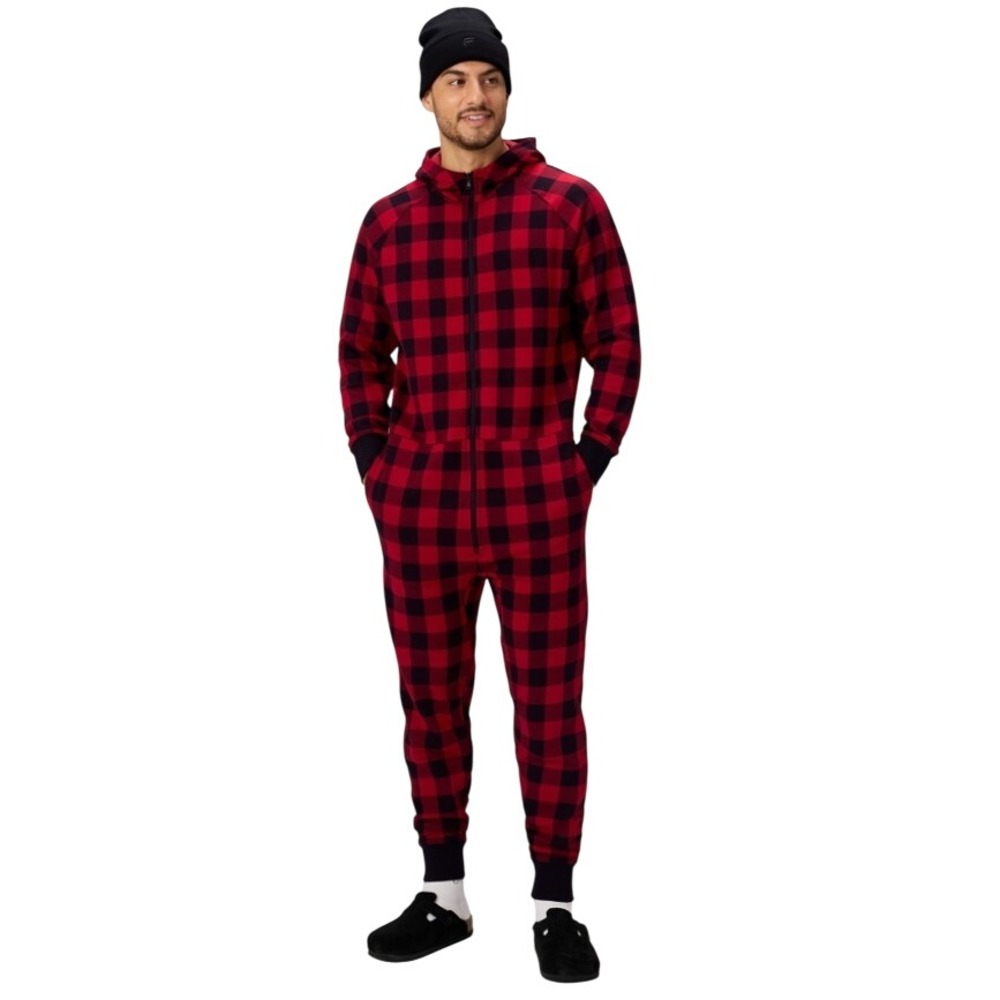 Fabletics Mens Go-To Fleece Hooded Onesie Holly Berry Buffalo‎ Check 2XL Plaid